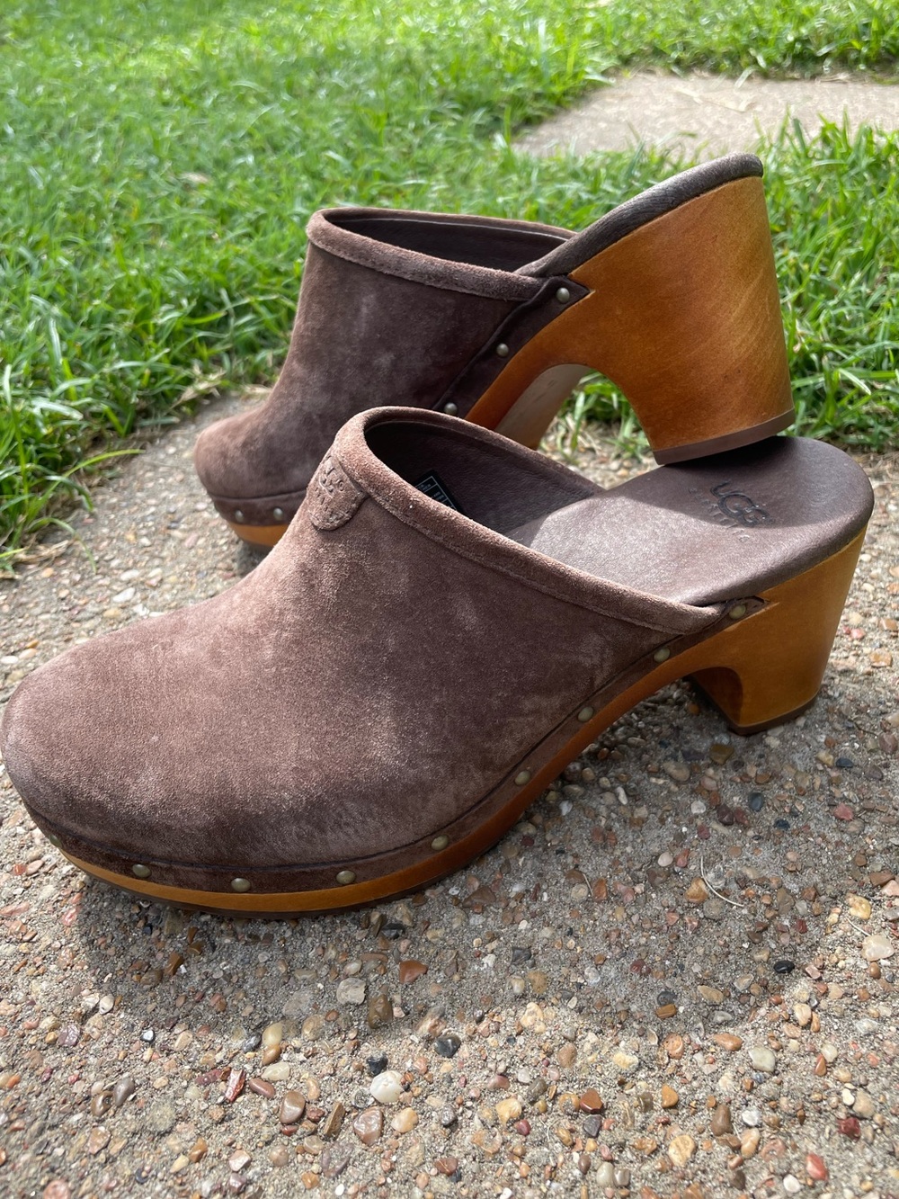 UGG Brown Suede Wood-Heel Slip-On Clogs